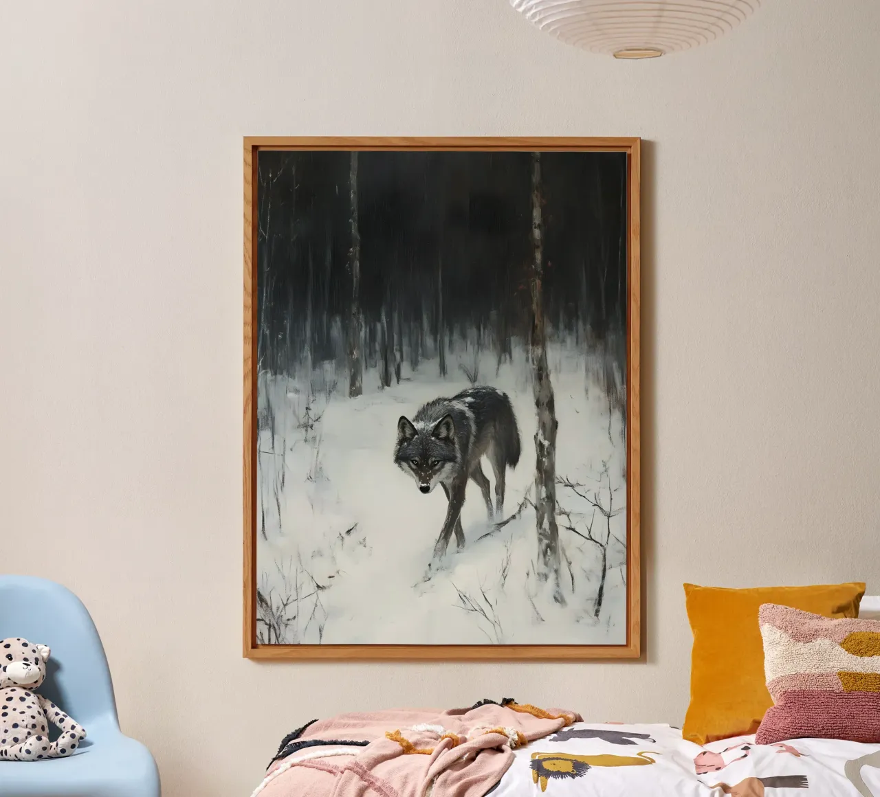 Lupo nero in una foresta invernale innevata - Mistico alluminio dibond da Studio Vibe