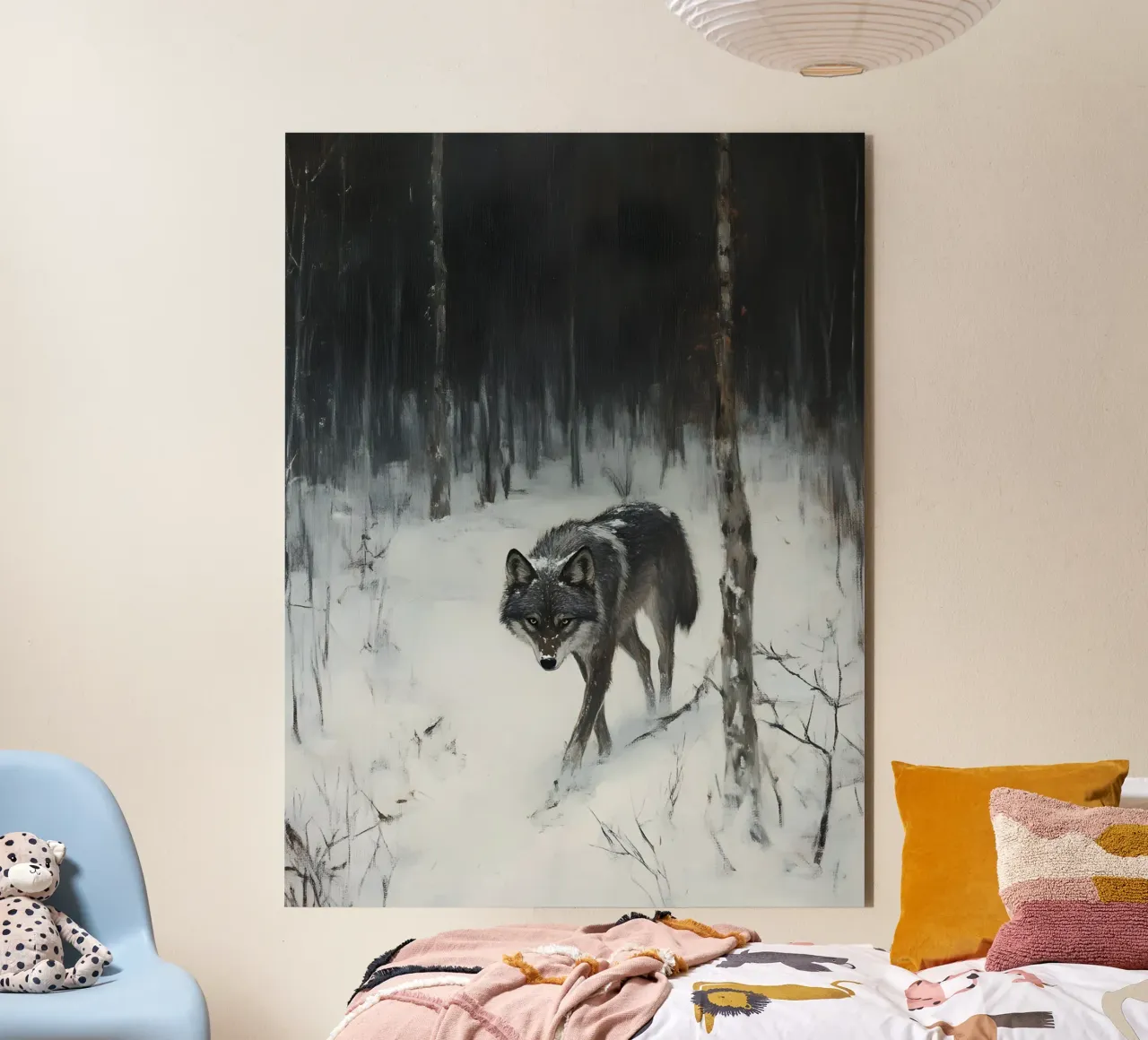Lupo nero in una foresta invernale innevata - Mistico alluminio dibond da Studio Vibe