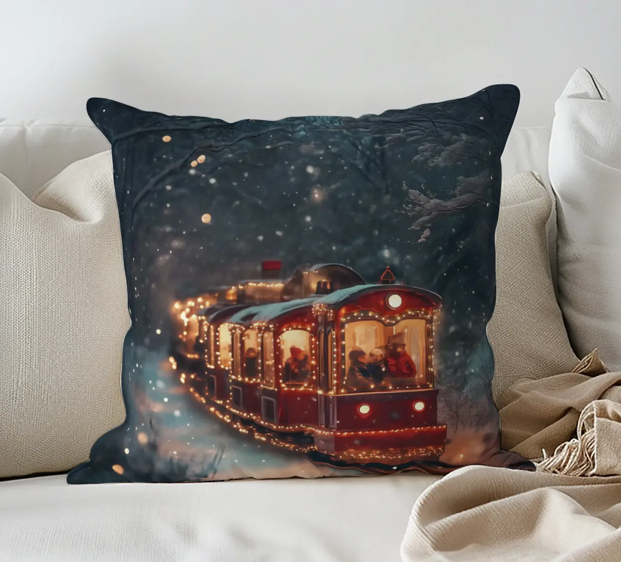 Magico treno di Natale nella foresta invernale innevata cuscino da Studio Vibe