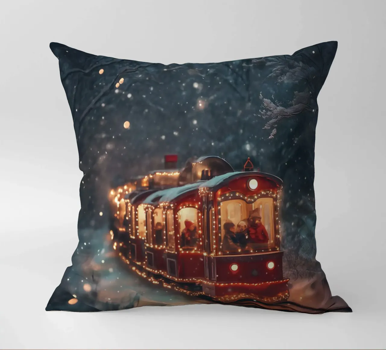 Magico treno di Natale nella foresta invernale innevata cuscino da Studio Vibe