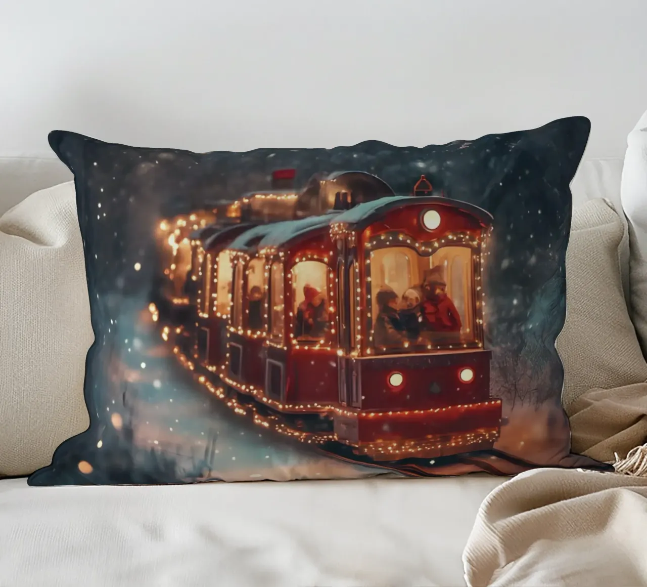 Magico treno di Natale nella foresta invernale innevata cuscino da Studio Vibe