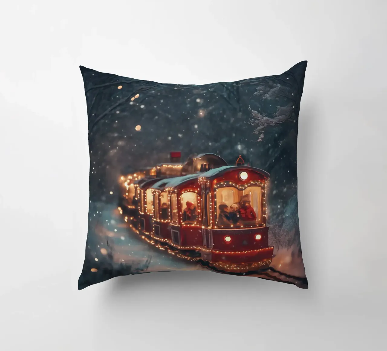 Magico treno di Natale nella foresta invernale innevata cuscino da Studio Vibe