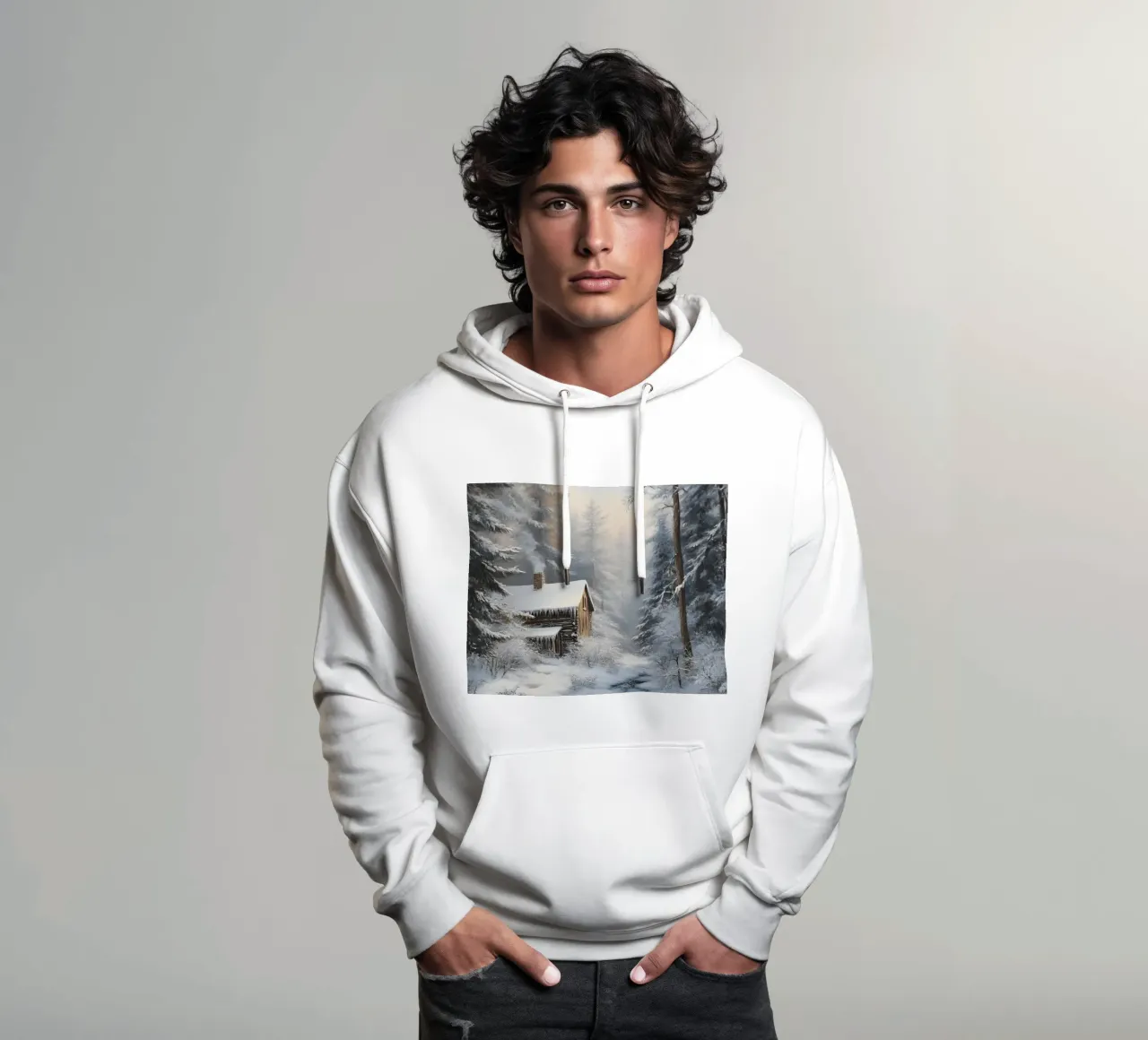 Poster invernale con capanna in un bosco innevato felpa con cappuccio da Studio Vibe