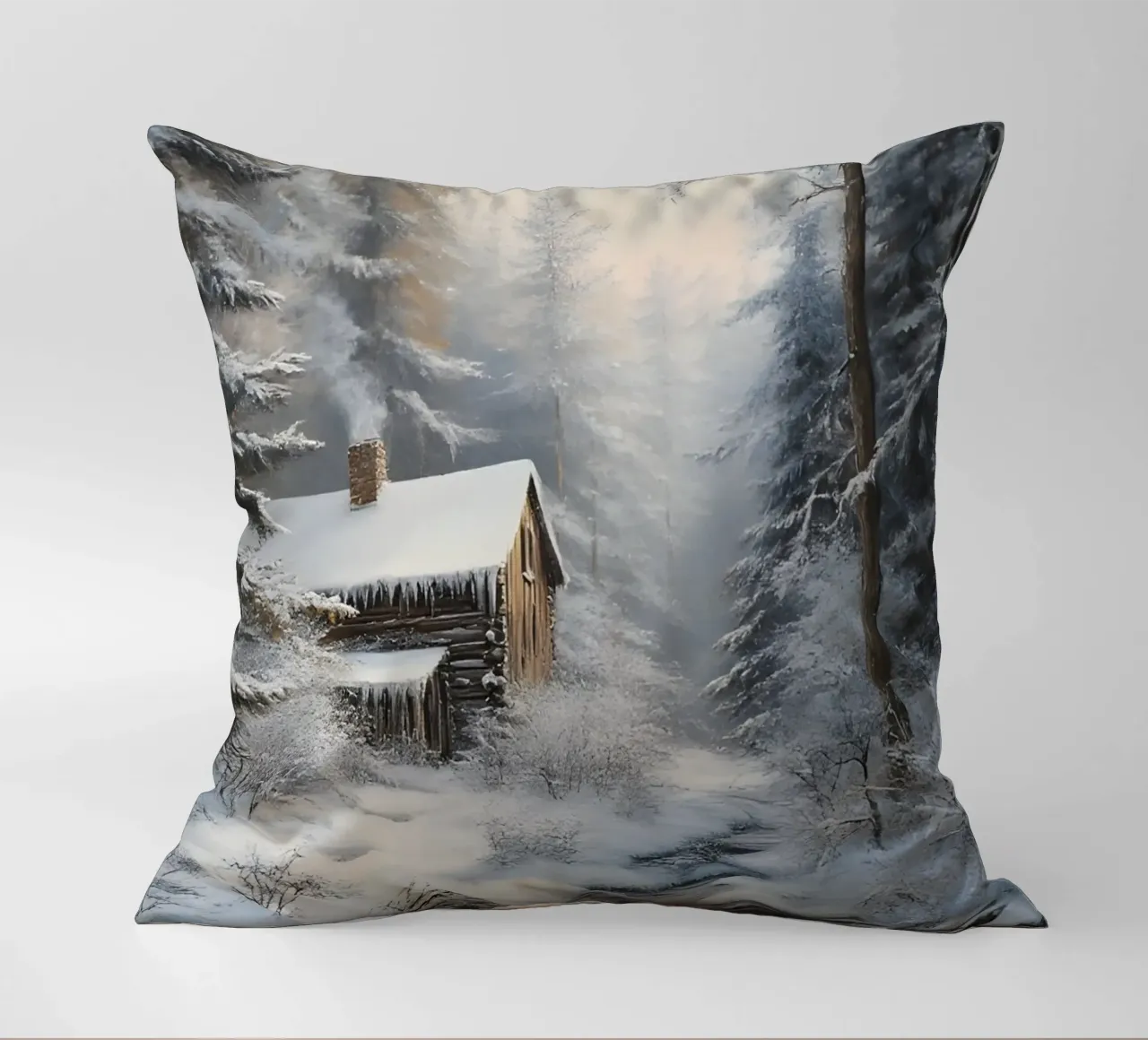 Poster invernale con capanna in un bosco innevato cuscino da Studio Vibe