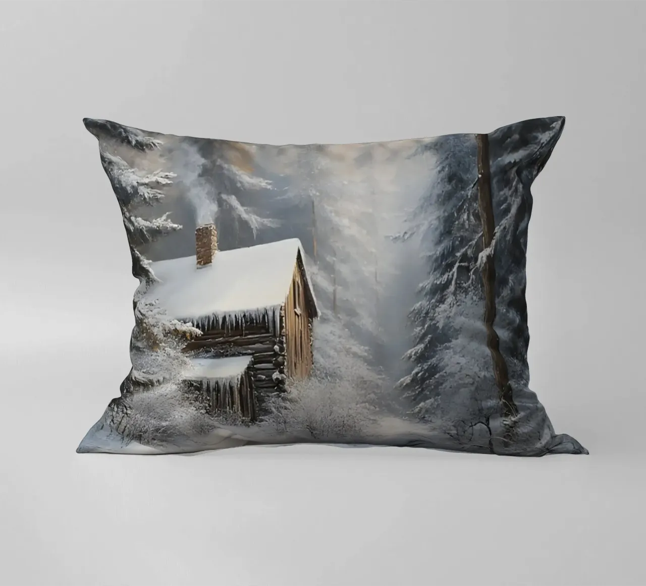 Poster invernale con capanna in un bosco innevato cuscino da Studio Vibe