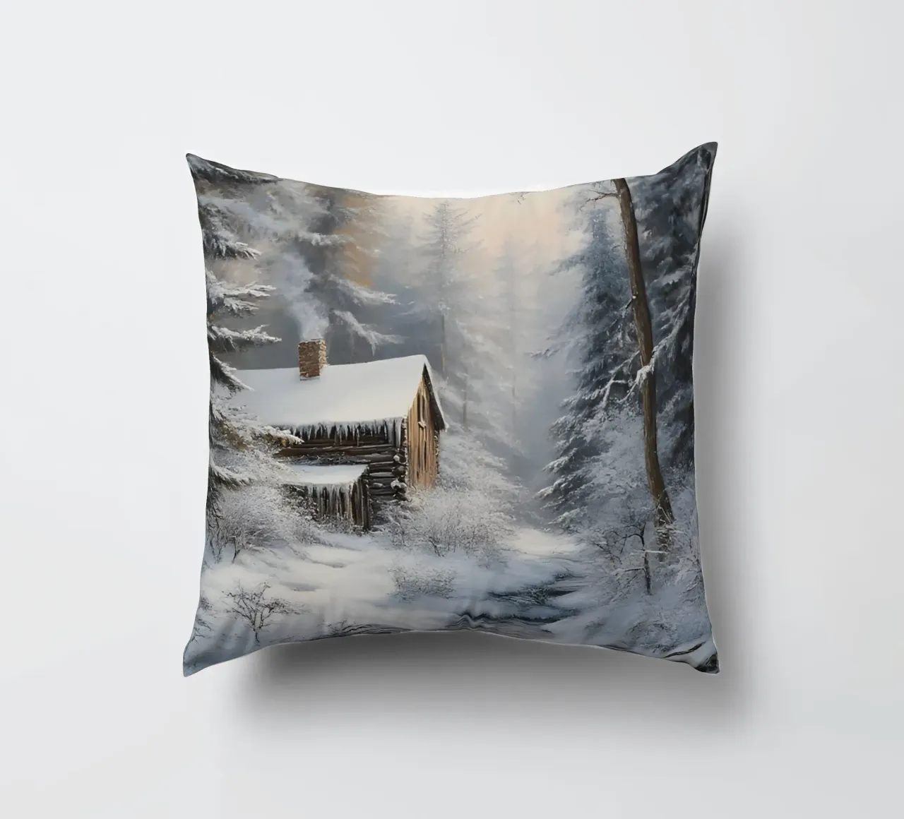 Poster invernale con capanna in un bosco innevato cuscino da Studio Vibe