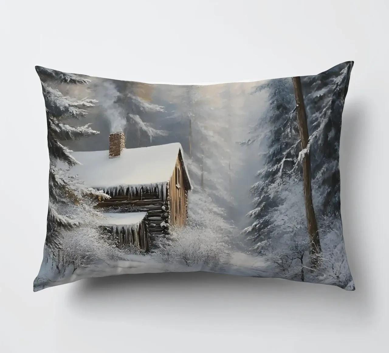 Poster invernale con capanna in un bosco innevato cuscino da Studio Vibe