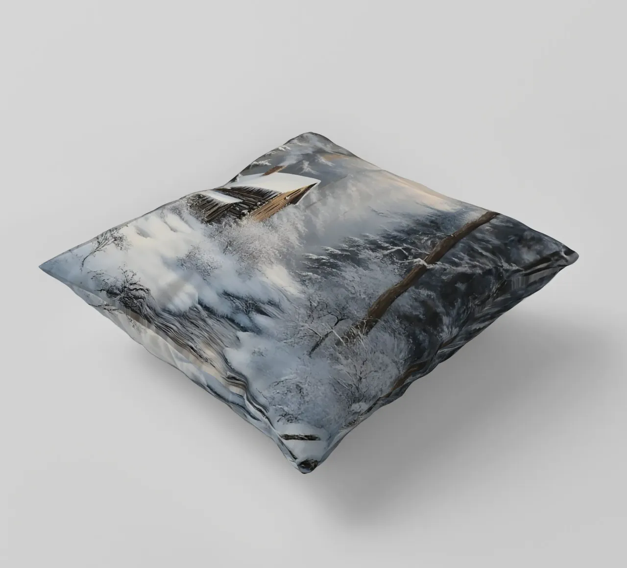 Poster invernale con capanna in un bosco innevato cuscino da Studio Vibe