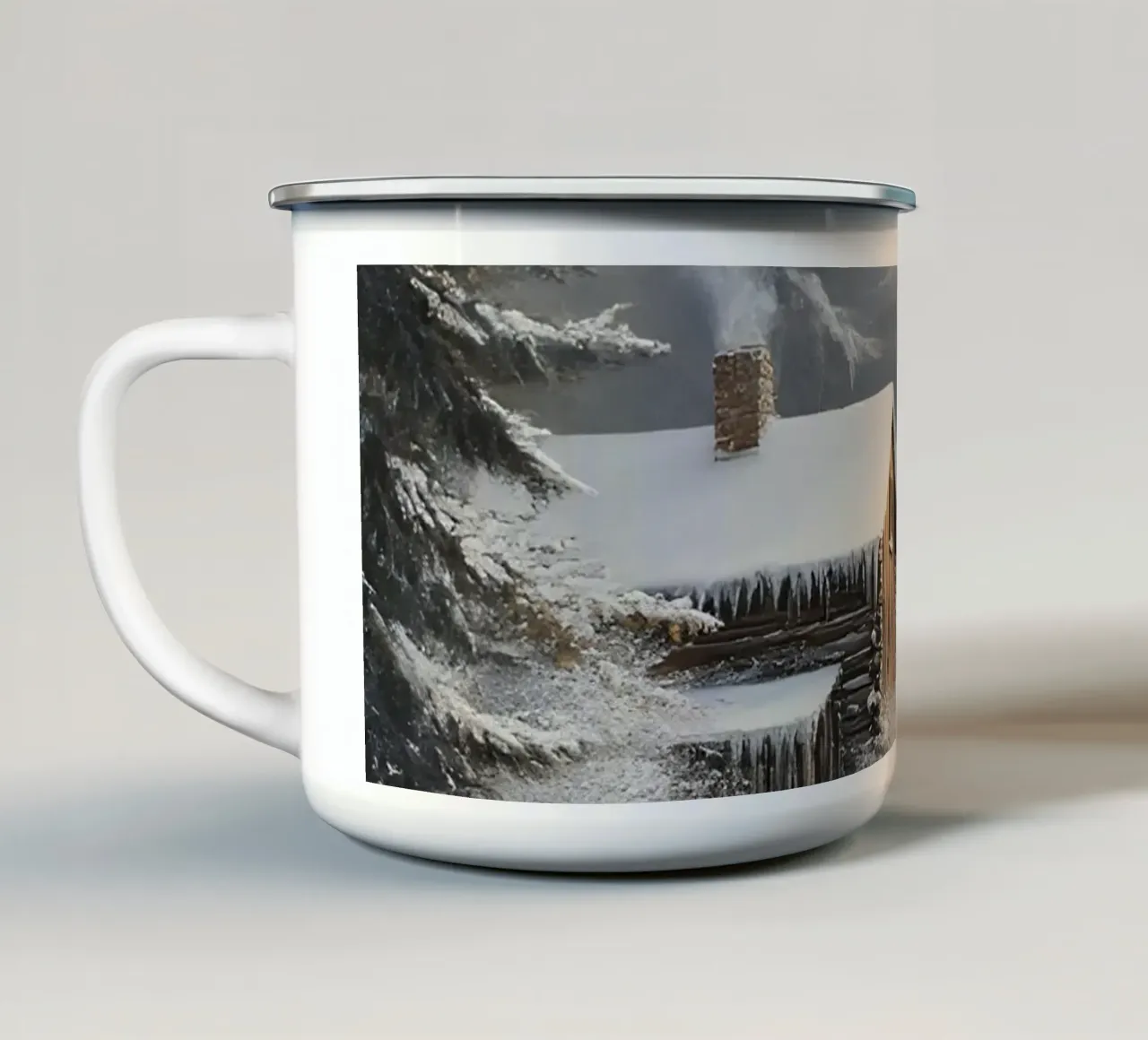 Poster invernale con capanna in un bosco innevato tazza in smalto da Studio Vibe