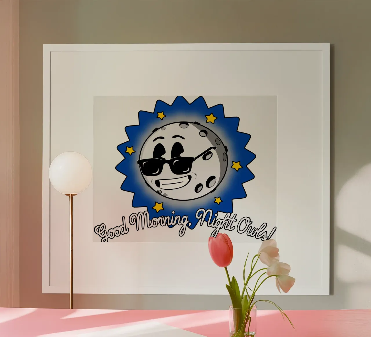 Buon giorno notte gufi divertente carino cool vita notturna luna poster con telaio in legno da sillyindustries