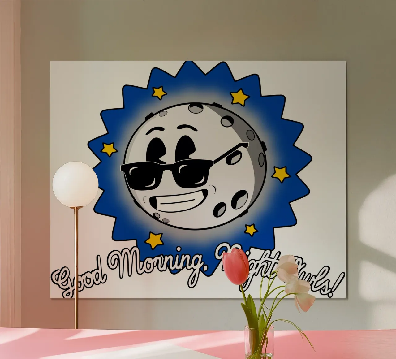 Buon giorno notte gufi divertente carino cool vita notturna luna poster con telaio in legno da sillyindustries