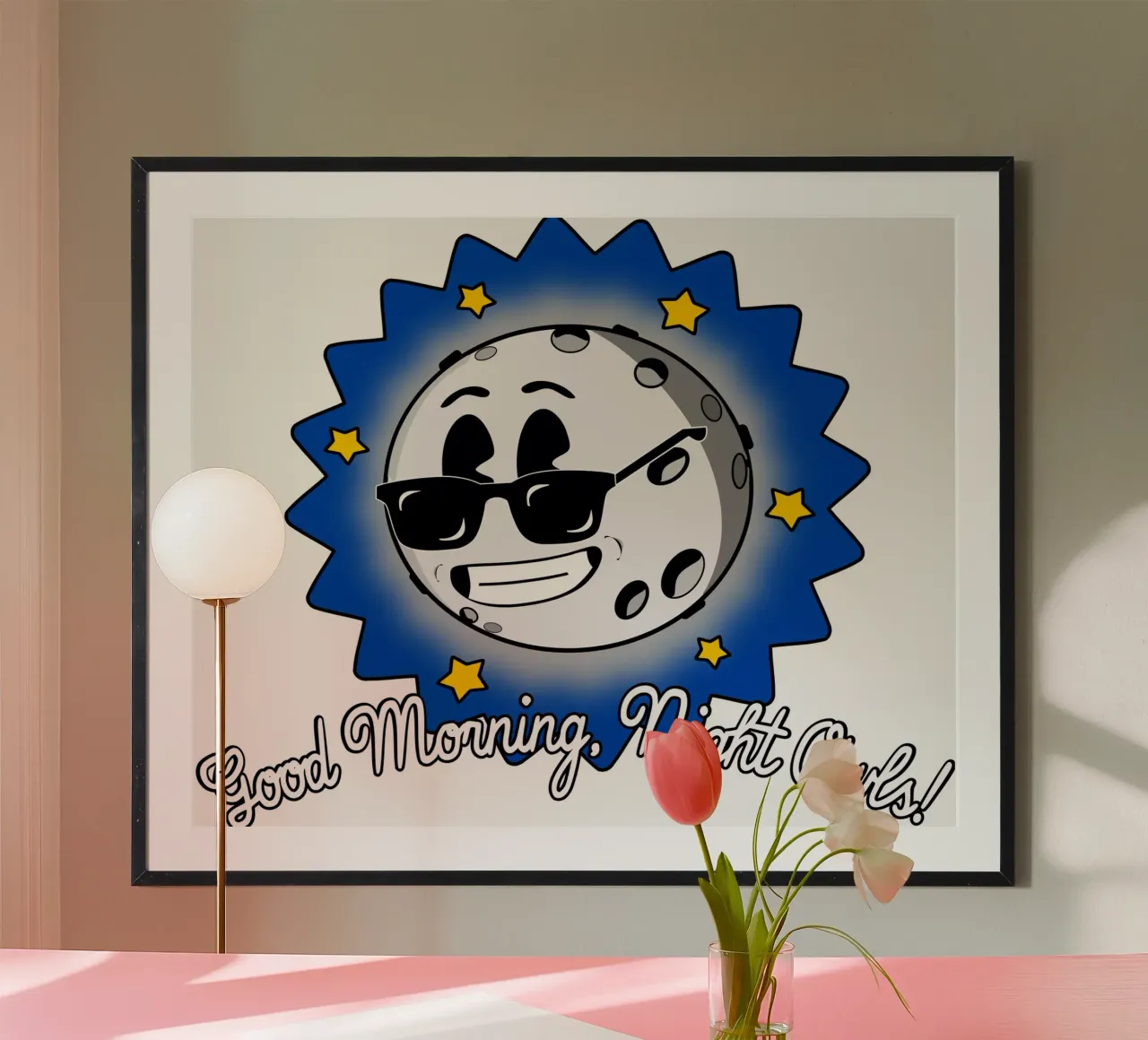Buon giorno notte gufi divertente carino cool vita notturna luna poster con telaio in legno da sillyindustries