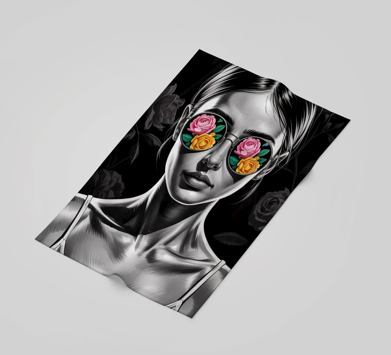 Donna con occhiali a fiori telo mare da BenCoStyle