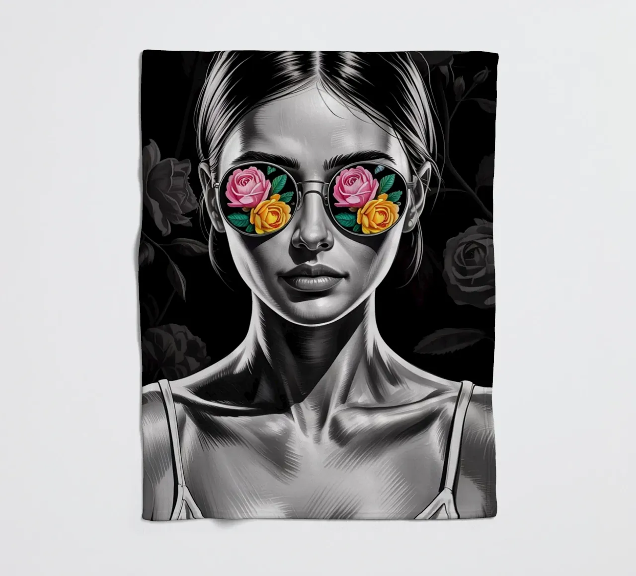 Donna con occhiali a fiori coperta in pile da BenCoStyle