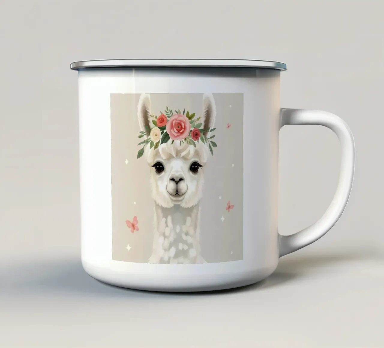 Simpatico lama con corona floreale e farfalle tazza in smalto da DesignDoodle