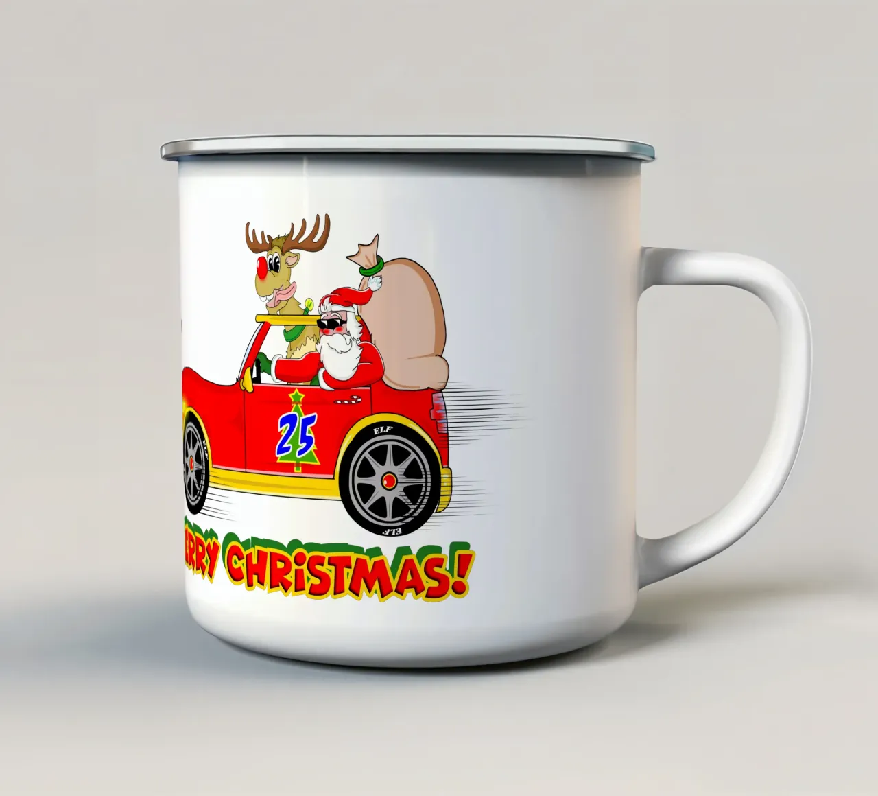 Buon Natale, fresco e divertente Babbo Natale Super Car Cartoon tazza in smalto da sillyindustries