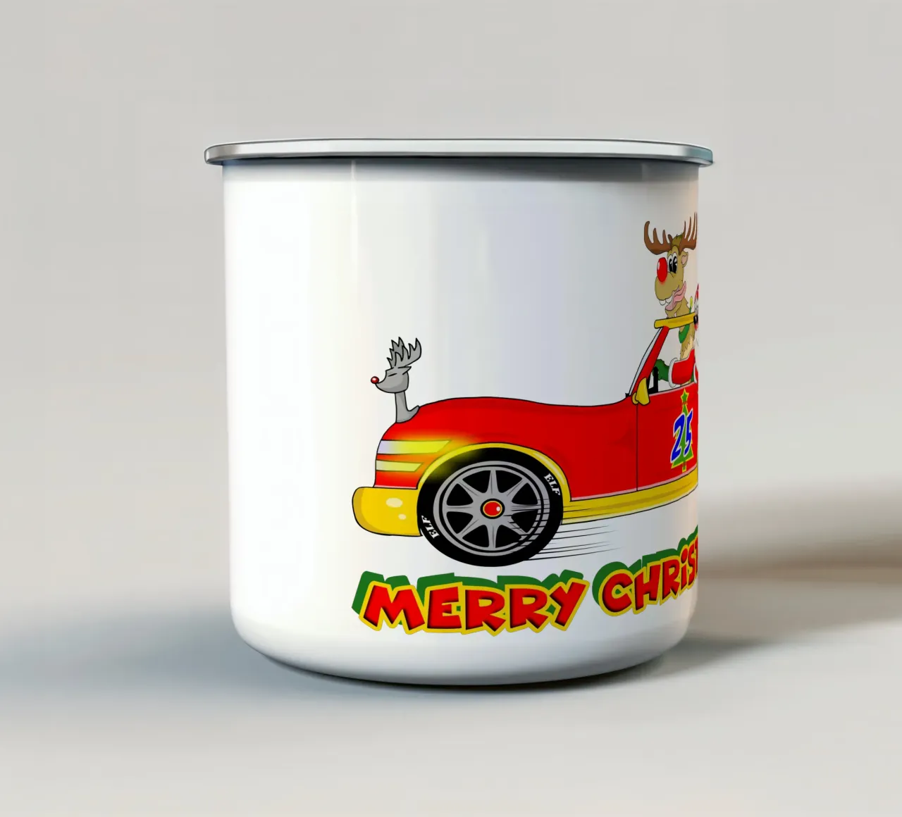 Buon Natale, fresco e divertente Babbo Natale Super Car Cartoon tazza in smalto da sillyindustries