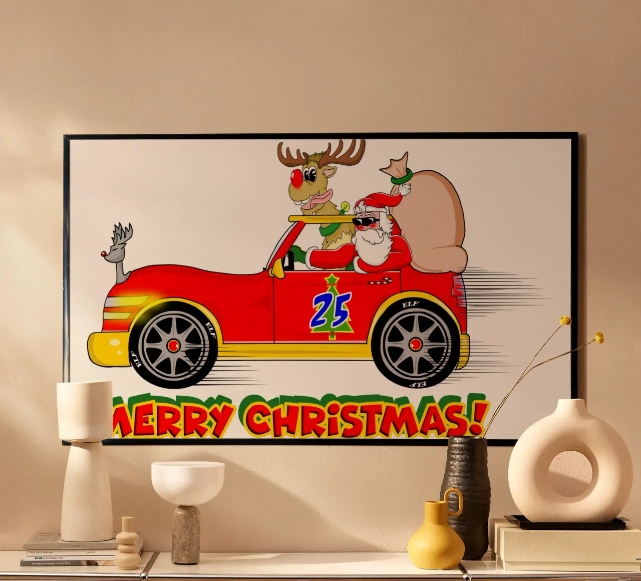 Buon Natale, fresco e divertente Babbo Natale Super Car Cartoon poster con telaio in alluminio da sillyindustries