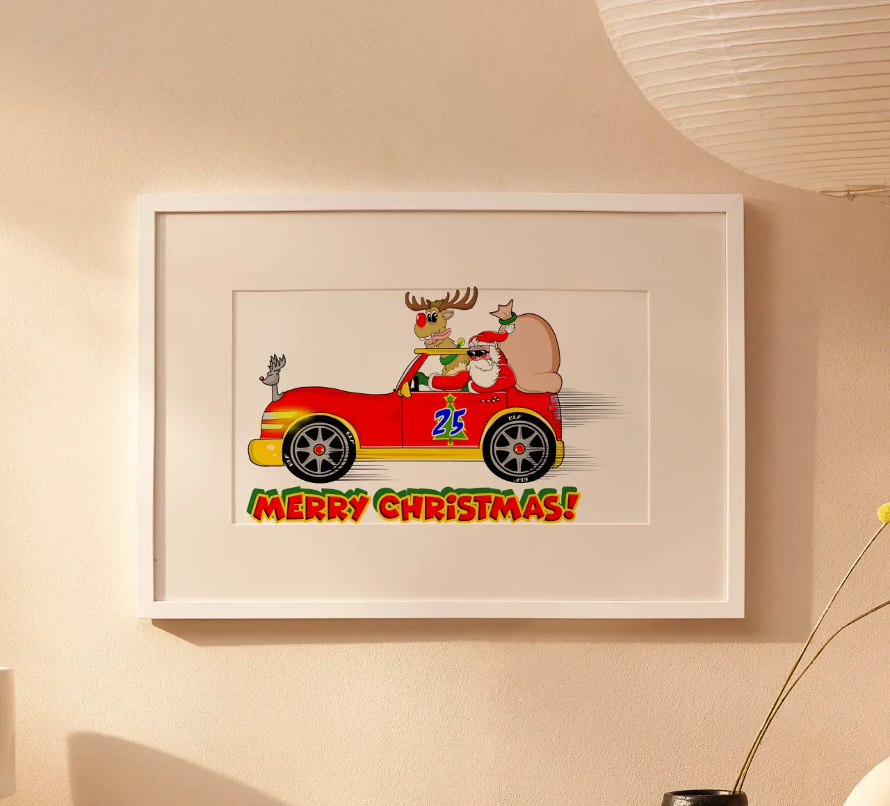 Buon Natale, fresco e divertente Babbo Natale Super Car Cartoon poster con telaio in alluminio da sillyindustries