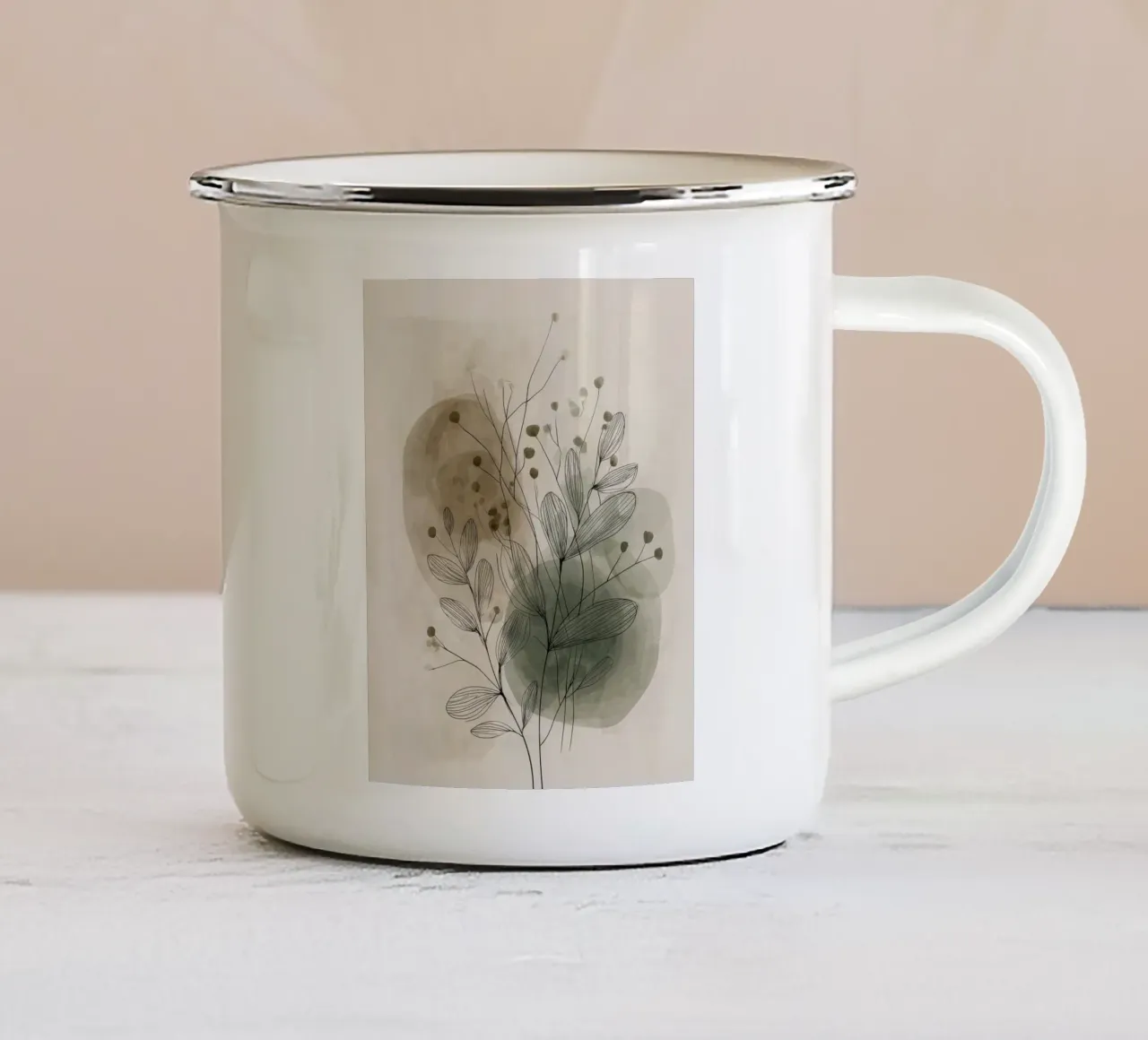 Arte da parete minimalista con fiori botanici in beige e verde tazza in smalto da Artbyvo