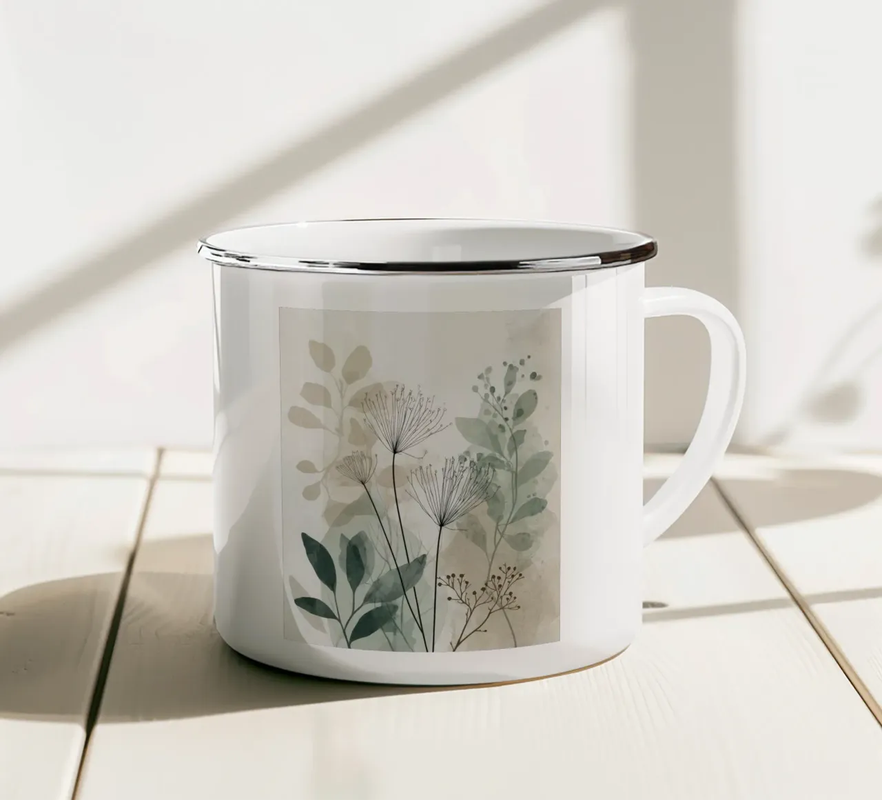 Arte da parete con fiori botanici in verde e beige neutro tazza in smalto da Artbyvo
