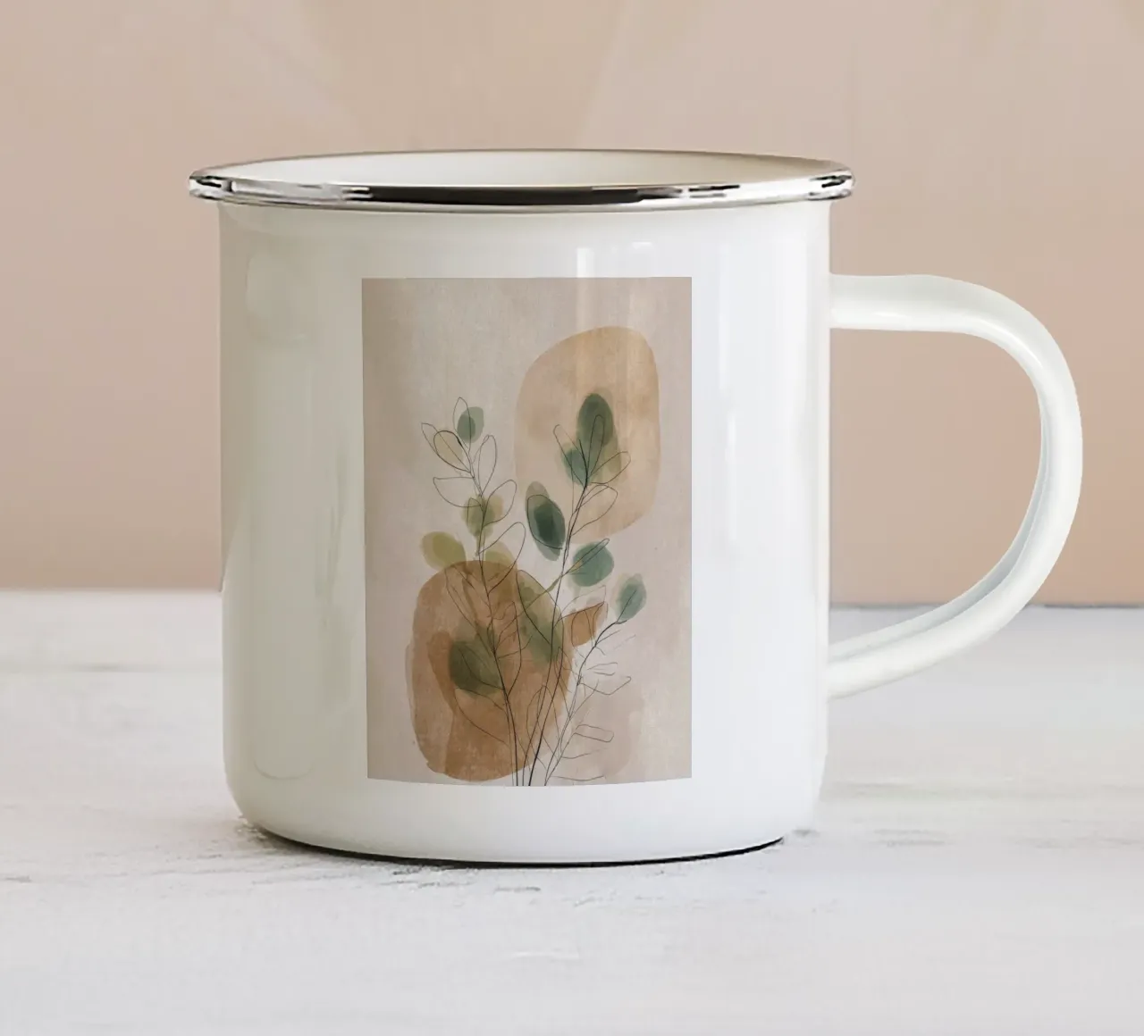 Arte da parete minimalista a fiori botanici in beige e verde tazza in smalto da Artbyvo