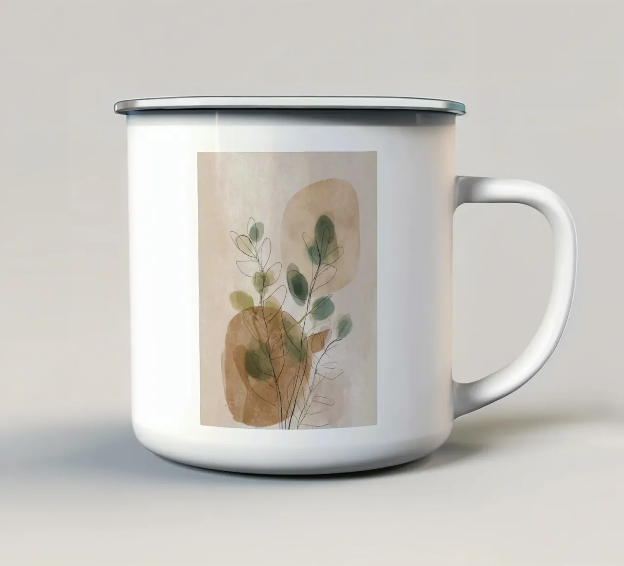 Arte da parete minimalista a fiori botanici in beige e verde tazza in smalto da Artbyvo
