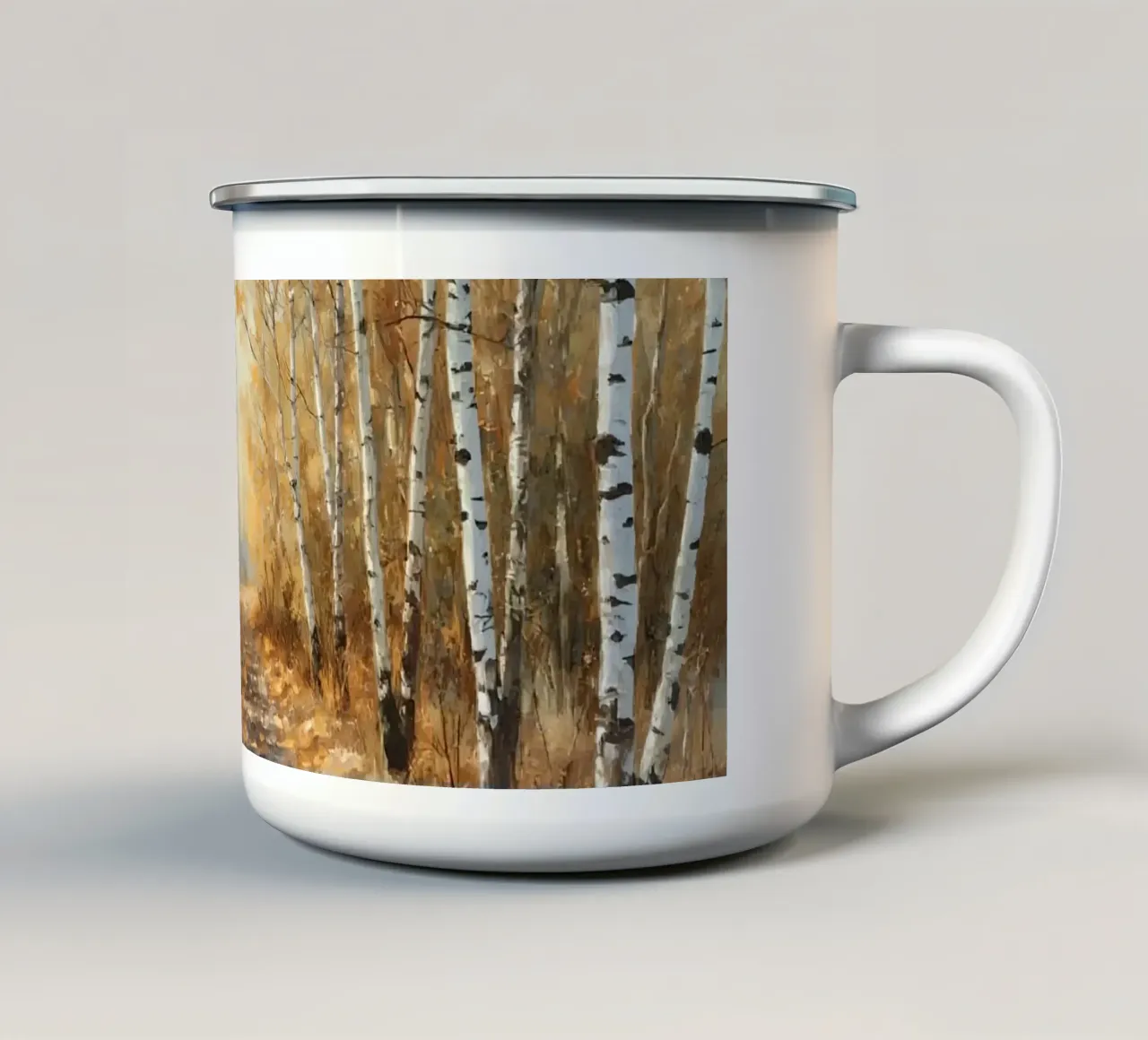 Il sentiero della foresta di betulle in autunno tazza in smalto da DesignDoodle