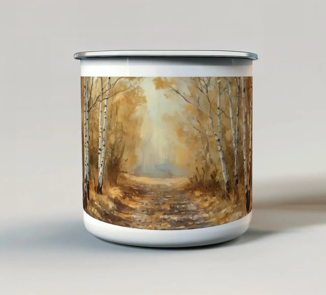 Il sentiero della foresta di betulle in autunno tazza in smalto da DesignDoodle