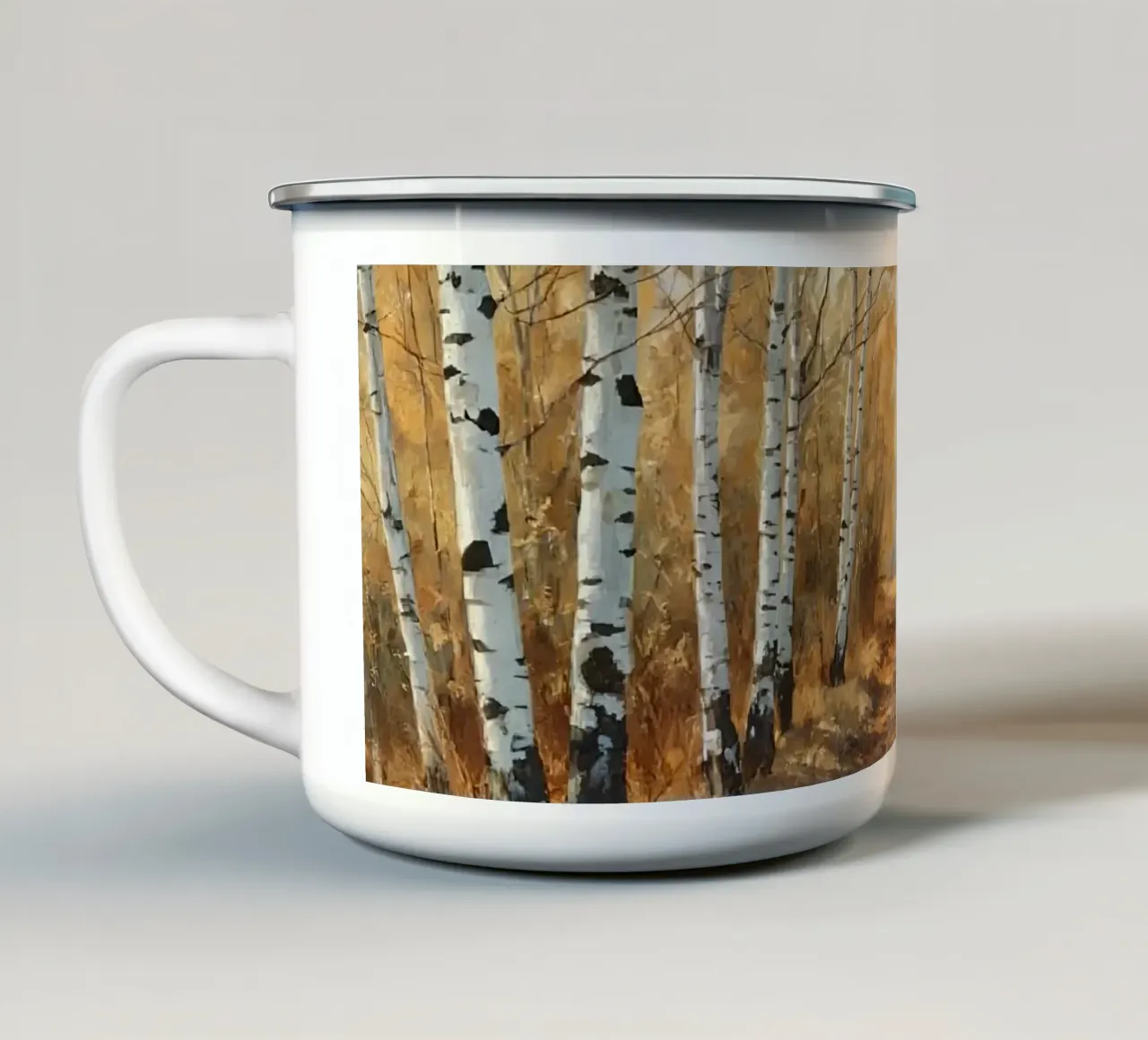 Il sentiero della foresta di betulle in autunno tazza in smalto da DesignDoodle