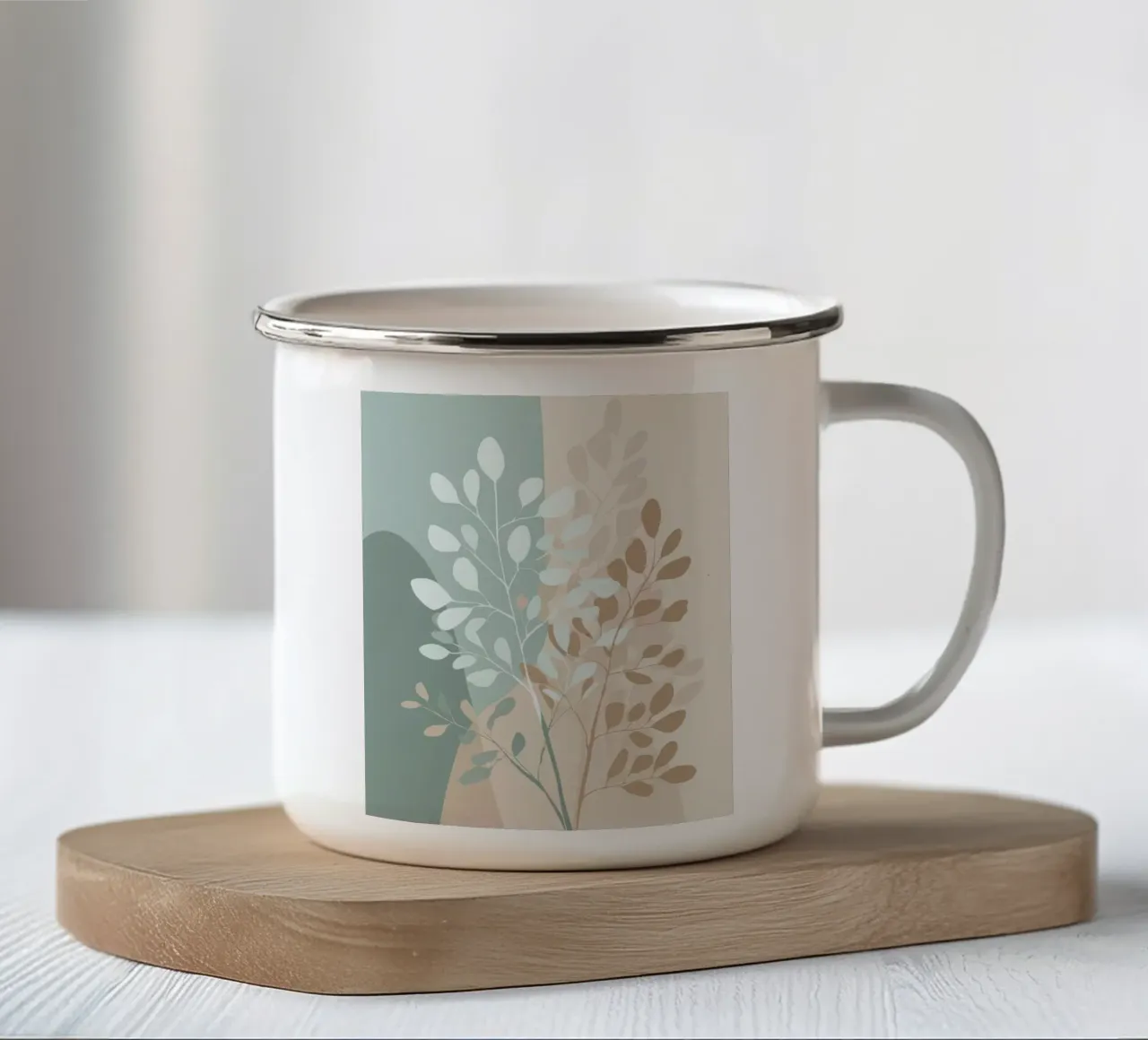 Arte da parete con fiori botanici astratti in verde salvia e beige tazza in smalto da Artbyvo