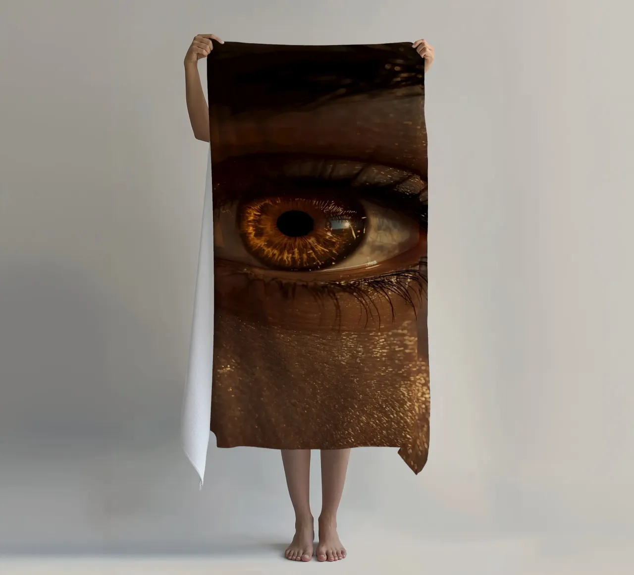 Macro occhio umano con iride ambrata e riflessi dorati della pelle telo mare da DesignDoodle