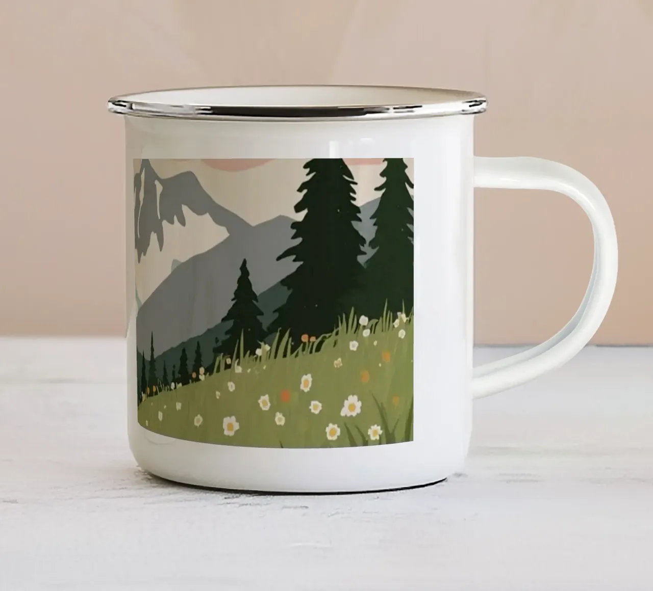 Paesaggio di prati e montagne tazza in smalto da DesignDoodle