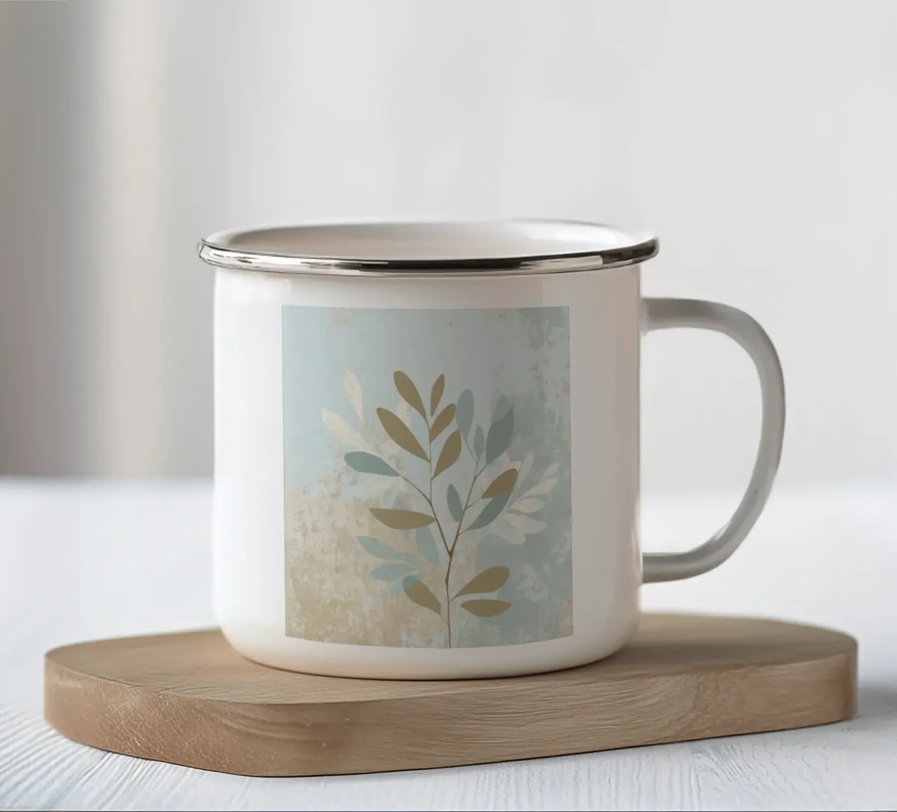 Arte da parete con fiori botanici in blu e beige tazza in smalto da Artbyvo