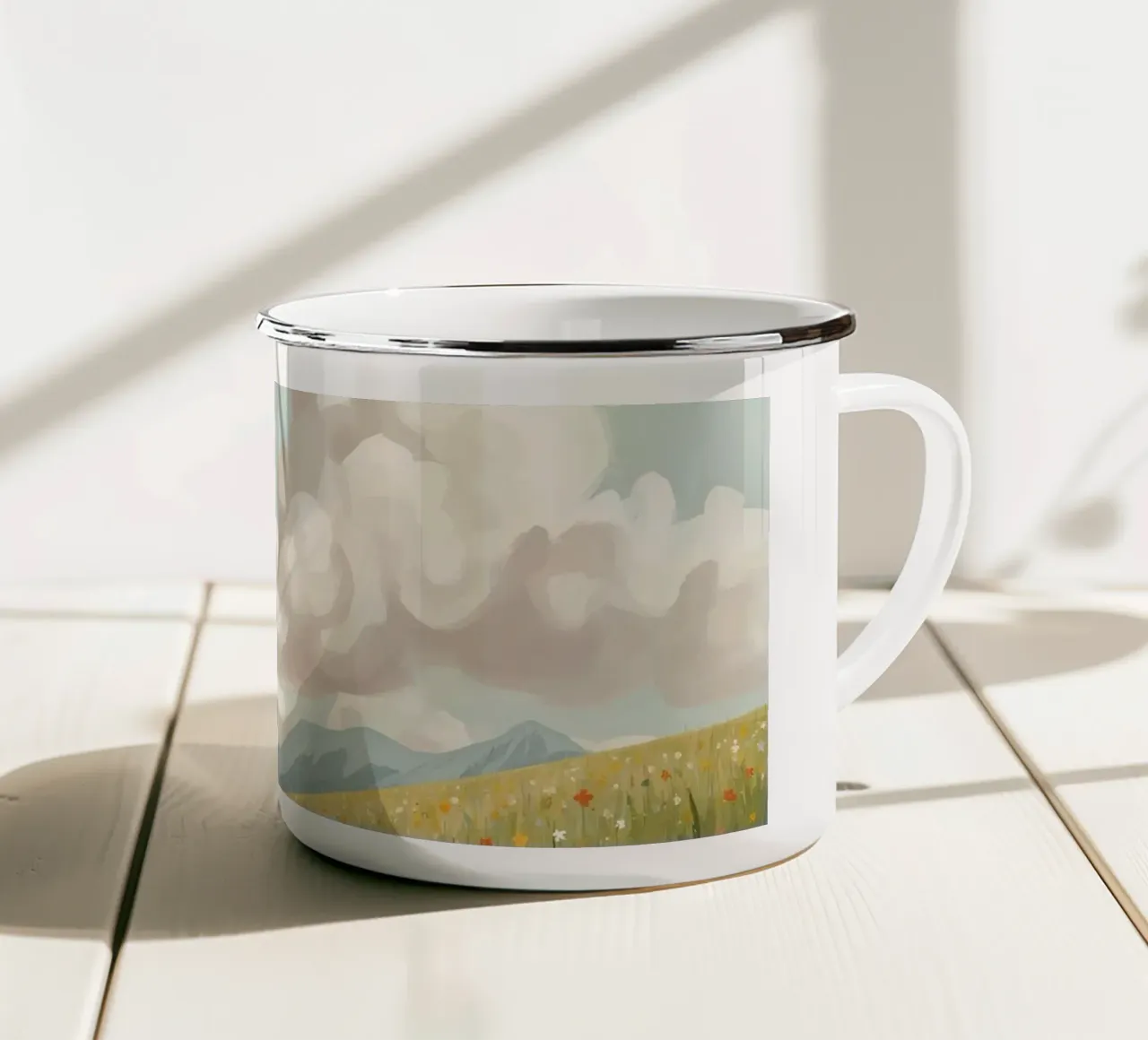 Prato con fiori selvatici e nuvole tazza in smalto da DesignDoodle