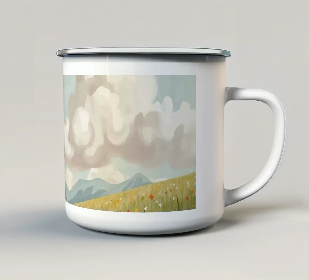 Prato con fiori selvatici e nuvole tazza in smalto da DesignDoodle
