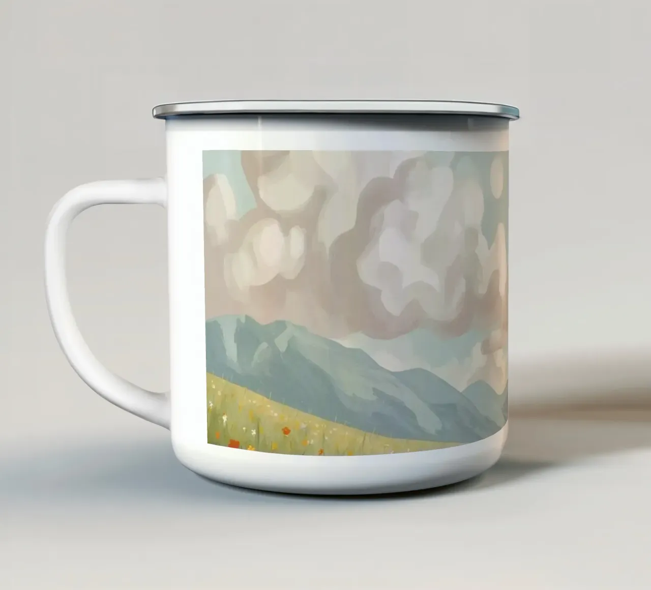 Prato con fiori selvatici e nuvole tazza in smalto da DesignDoodle