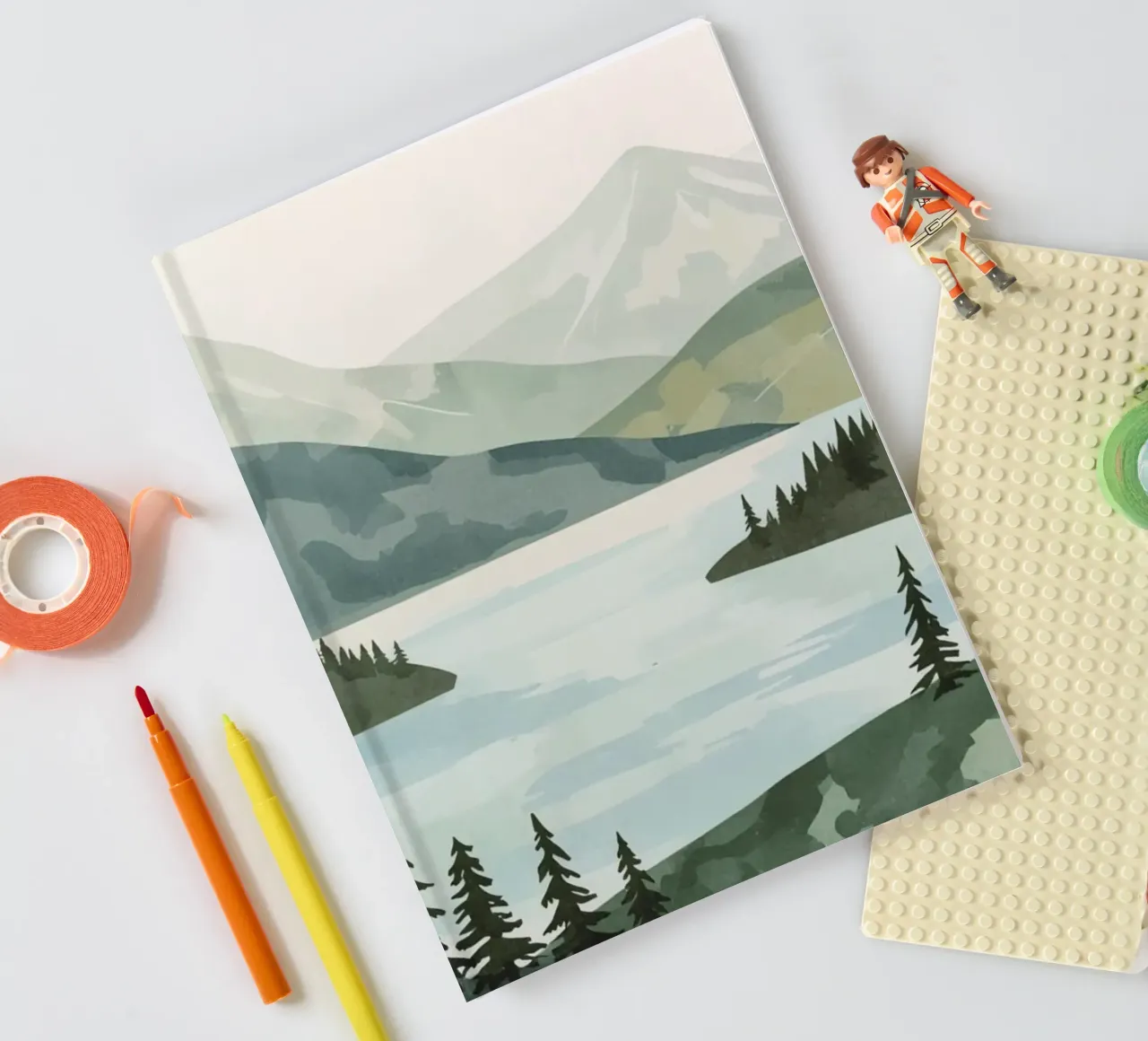 Mountain Lake with Evergreen Trees and Snow-Capped Mountains notebook by DesignDoodle