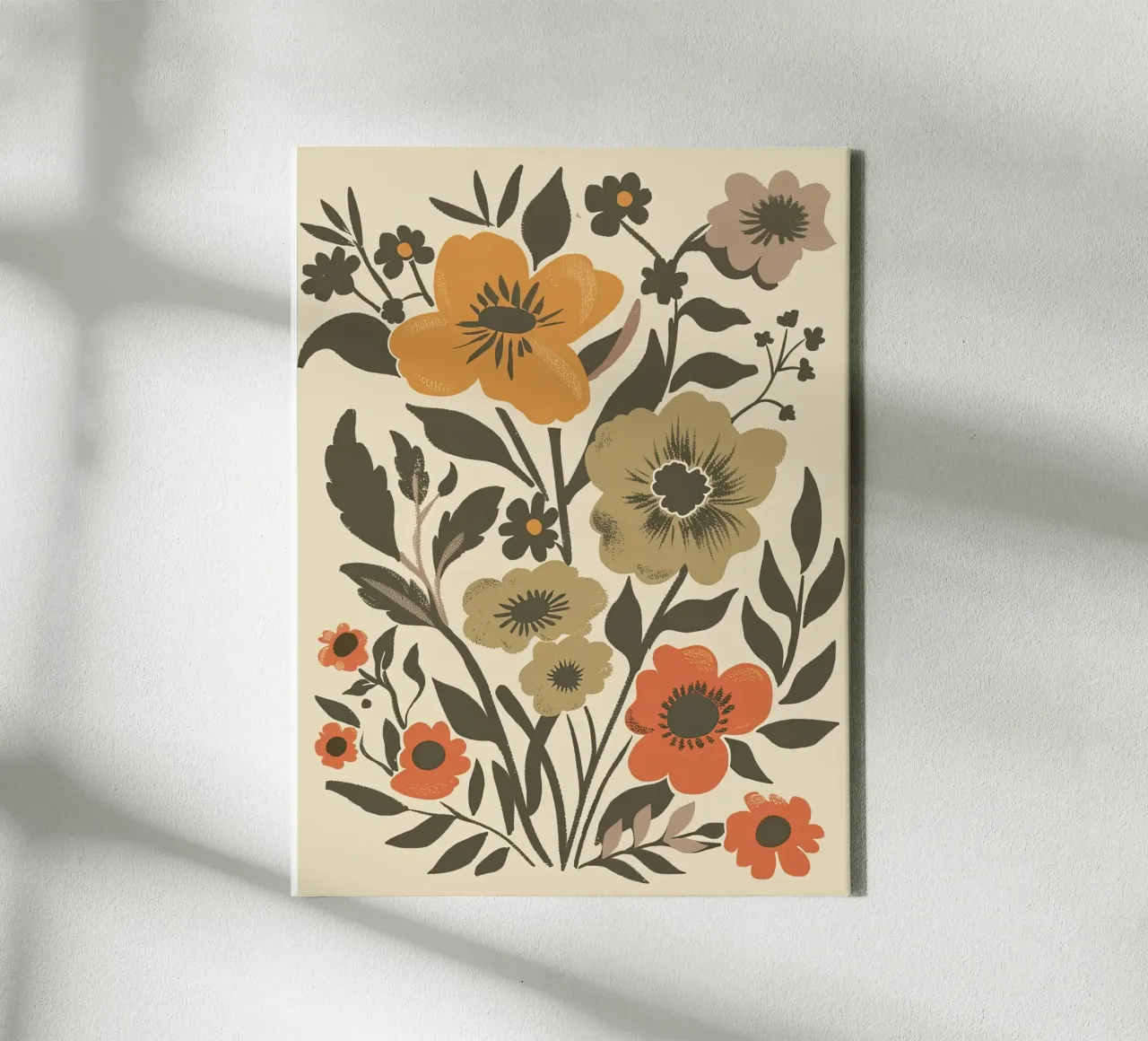 Retro Bloom Folk Art Print - Warm en aards bloemendesign canvas van ClubArt