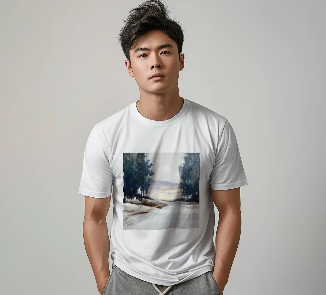 Winter Landscape with Snowy Fields - Tall Trees and Pale Sun t-shirt da Dune