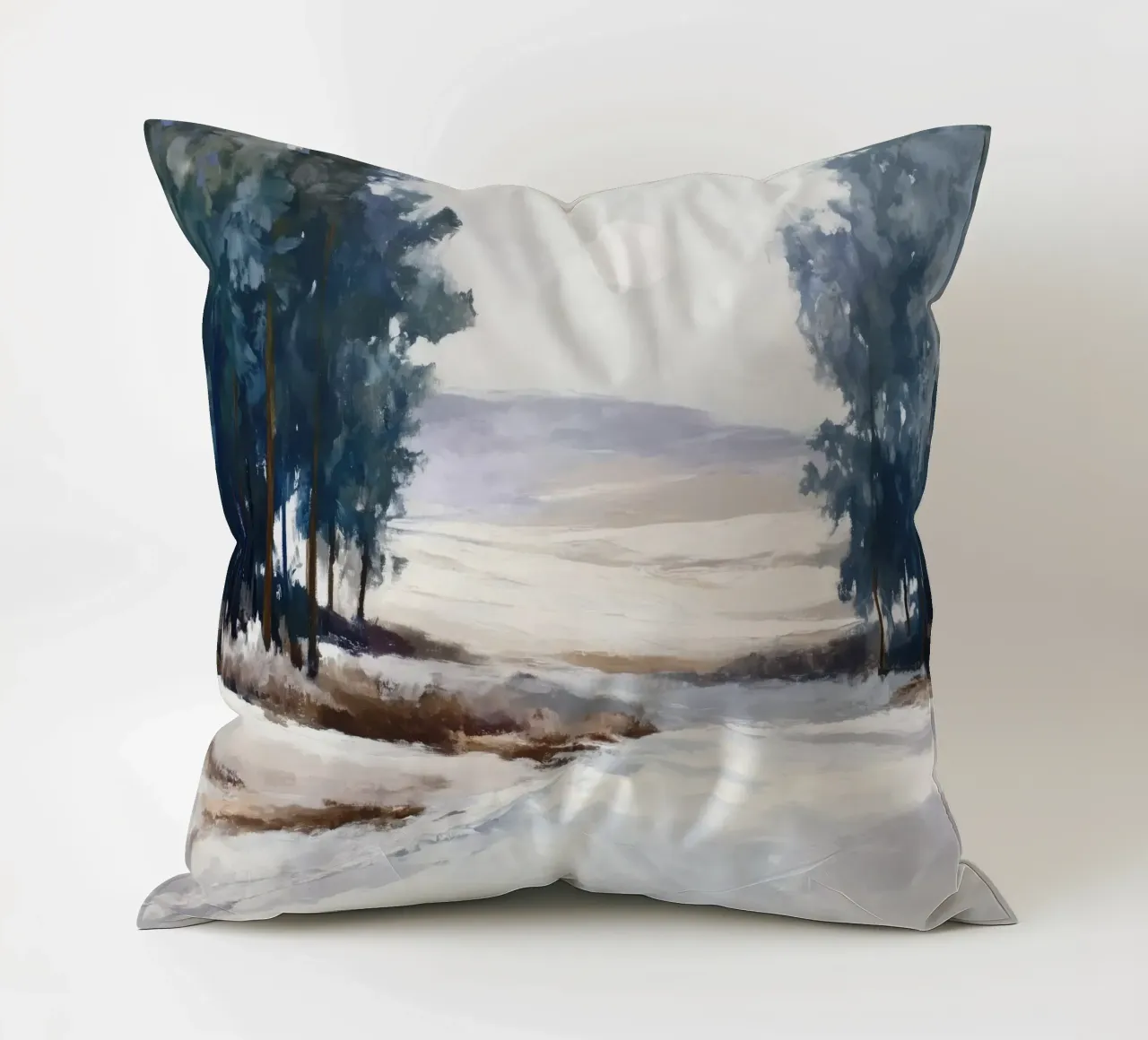 Winter Landscape with Snowy Fields - Tall Trees and Pale Sun cuscino da Dune