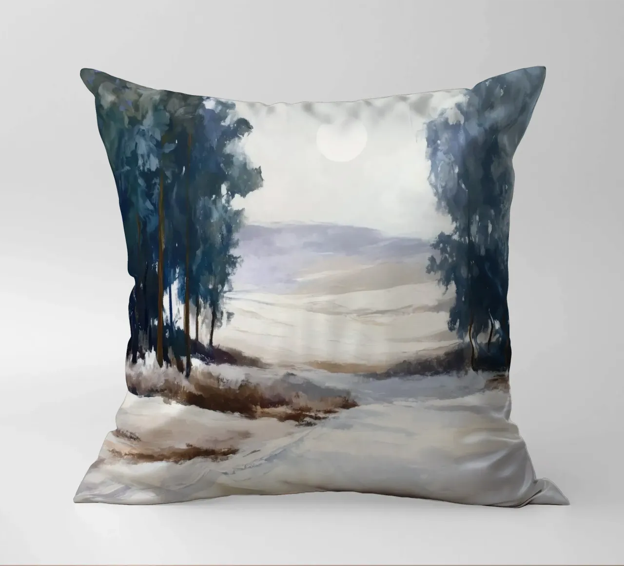 Winter Landscape with Snowy Fields - Tall Trees and Pale Sun cuscino da Dune