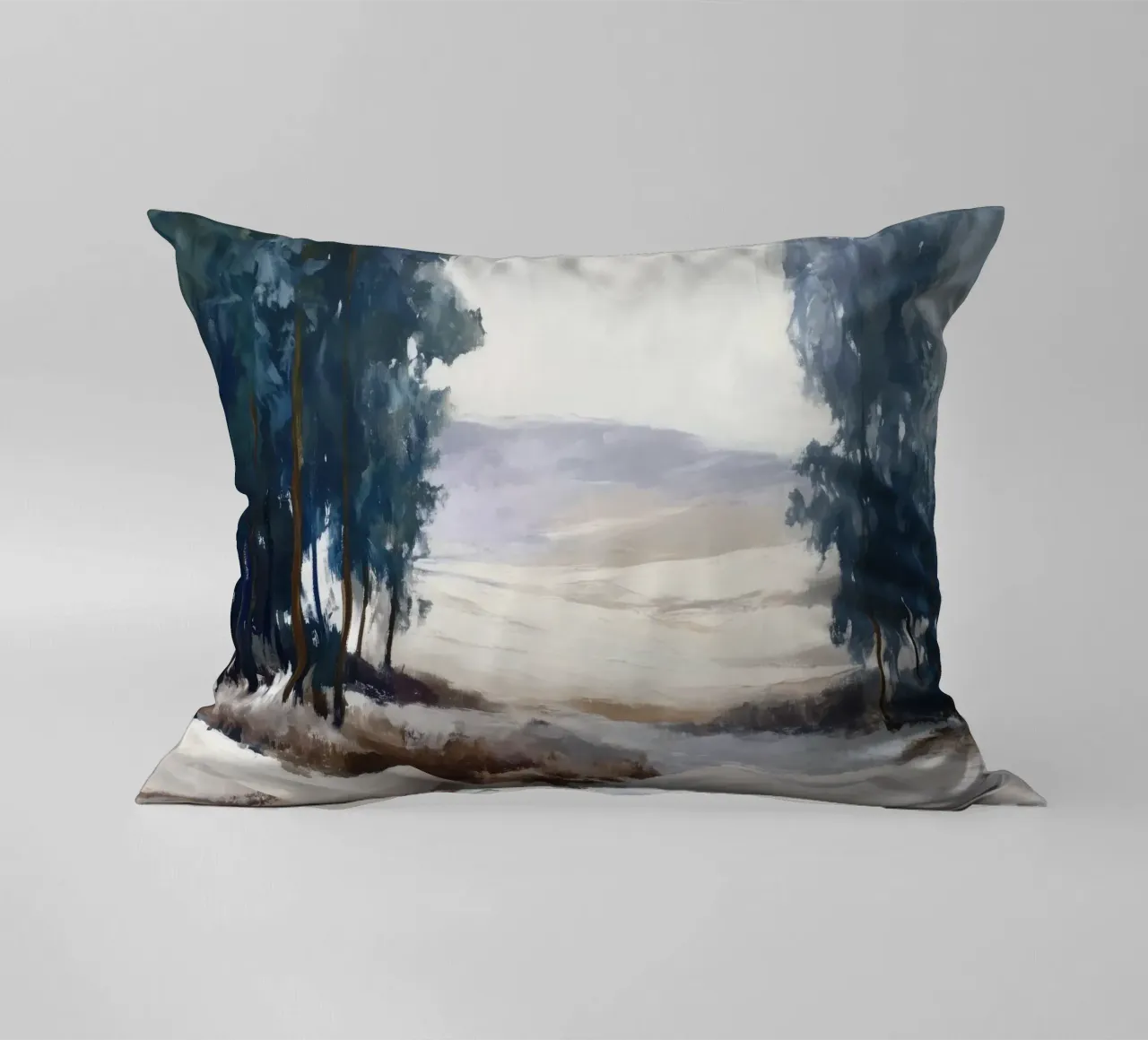 Winter Landscape with Snowy Fields - Tall Trees and Pale Sun cuscino da Dune