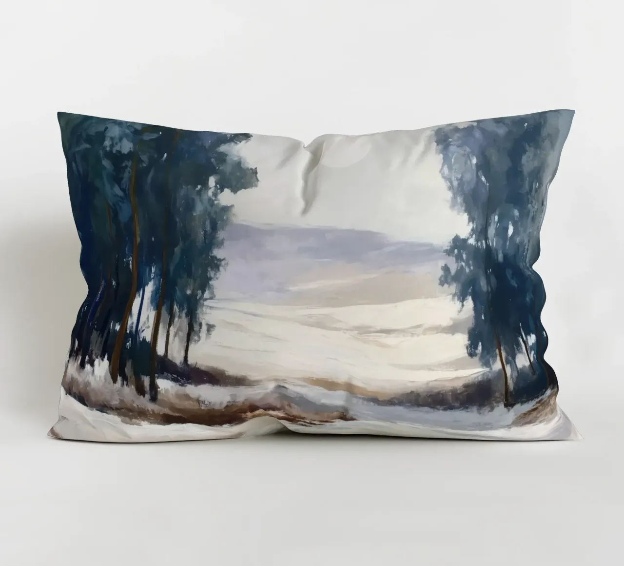Winter Landscape with Snowy Fields - Tall Trees and Pale Sun cuscino da Dune