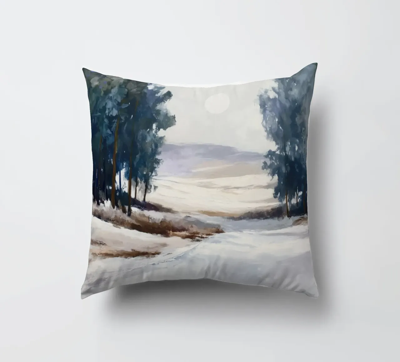 Winter Landscape with Snowy Fields - Tall Trees and Pale Sun cuscino da Dune