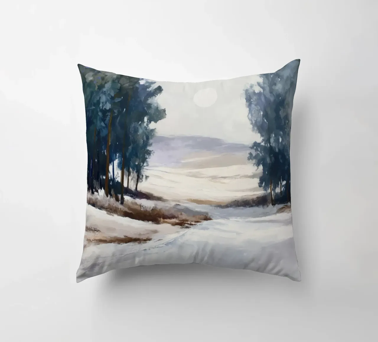 Winter Landscape with Snowy Fields - Tall Trees and Pale Sun cuscino da Dune