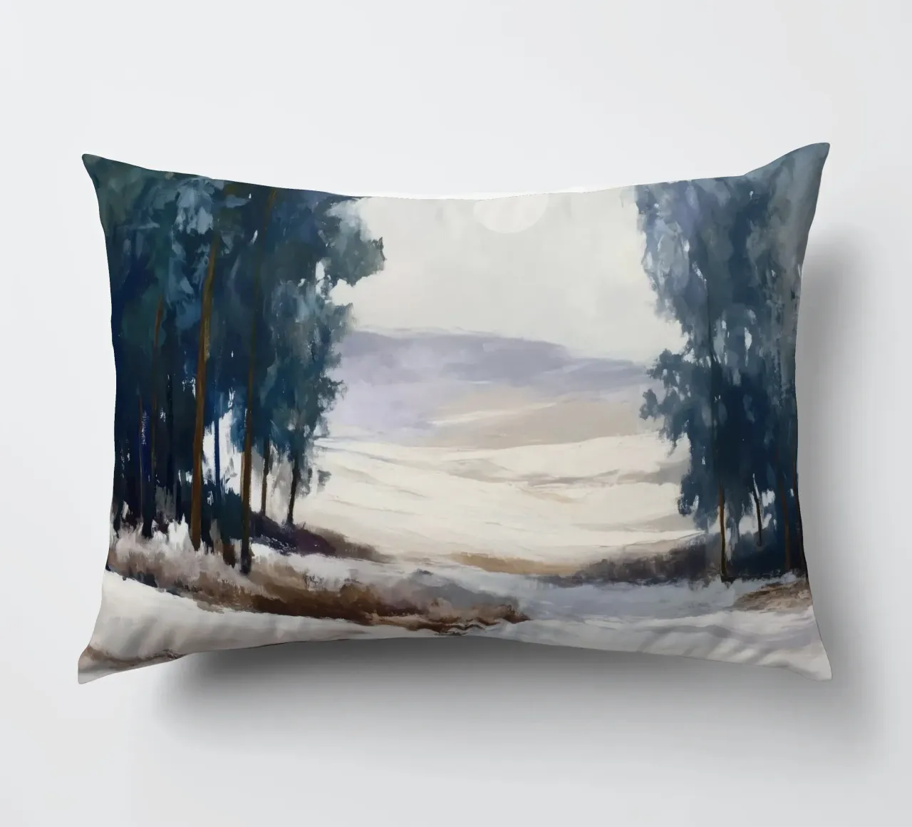 Winter Landscape with Snowy Fields - Tall Trees and Pale Sun cuscino da Dune