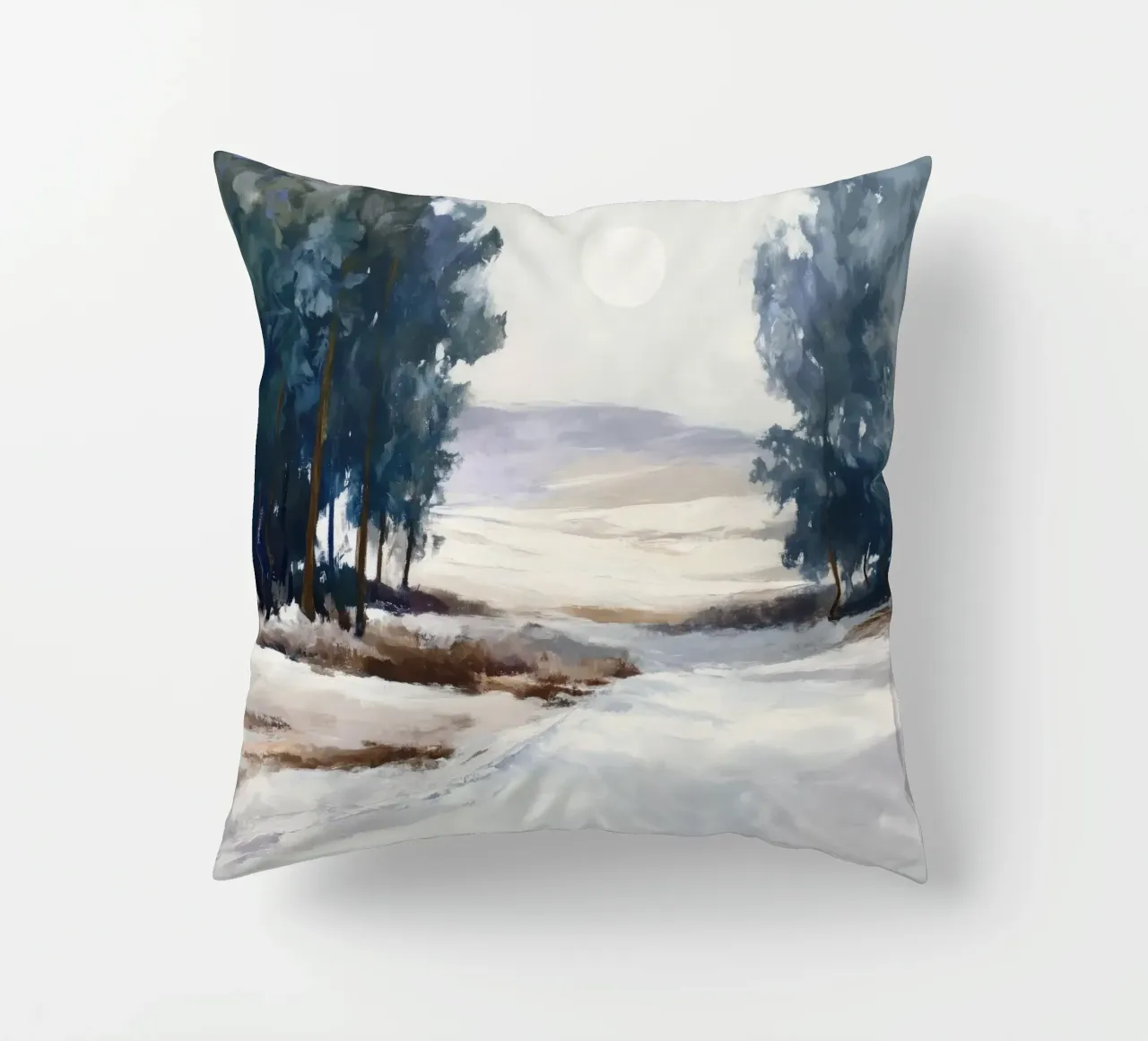 Winter Landscape with Snowy Fields - Tall Trees and Pale Sun cuscino da Dune