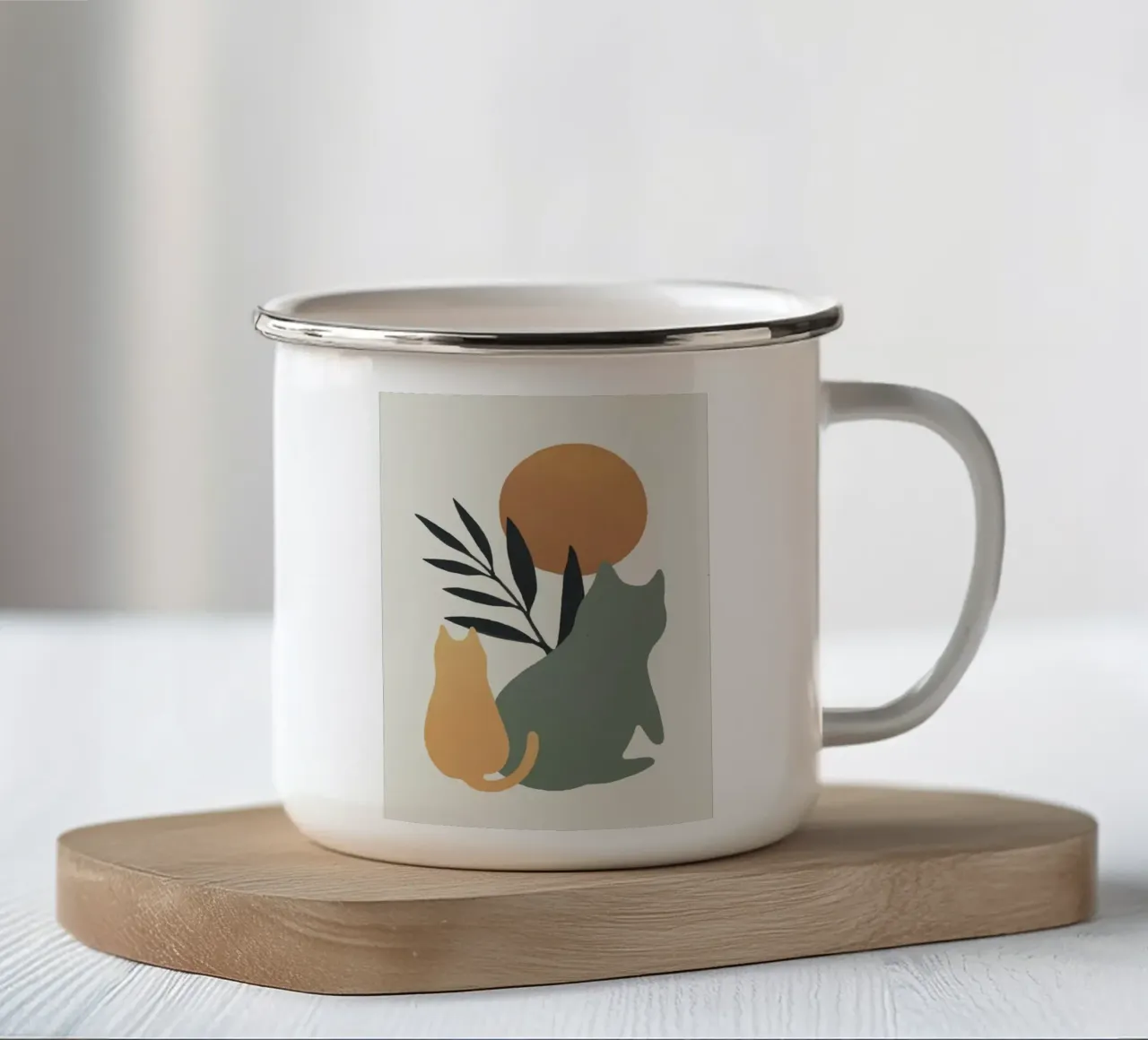 cat colorful with branch sun tazza in smalto da andern