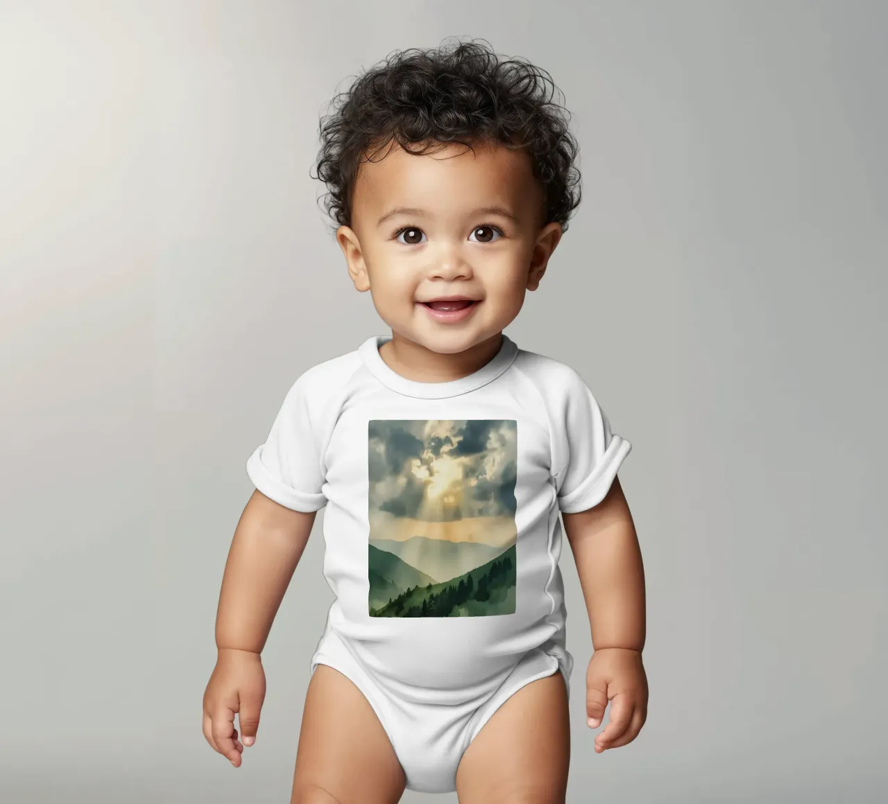 Paesaggio montano con raggi di sole body neonato maniche corte da DesignDoodle